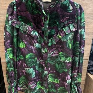 Sandro Paris Western Design Purple and Green Floral Blouse with Velvet Details